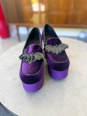Strange Cvlt purple velvet banshee bat platform heels